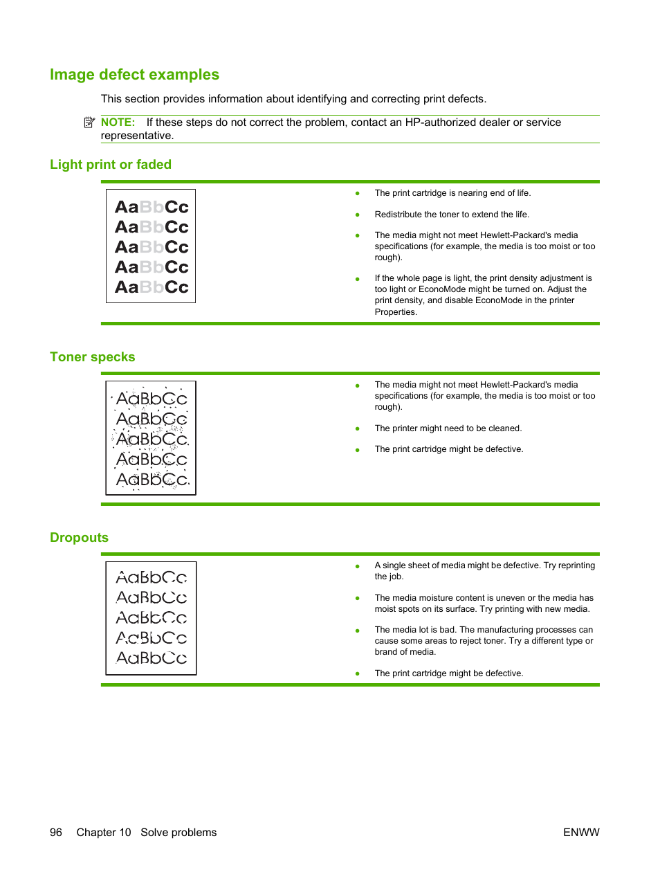 Image defect examples, Light print or faded, Toner specks | Dropouts, Light print or faded toner specks dropouts | HP LaserJet P2035 User Manual | Page 106 / 148