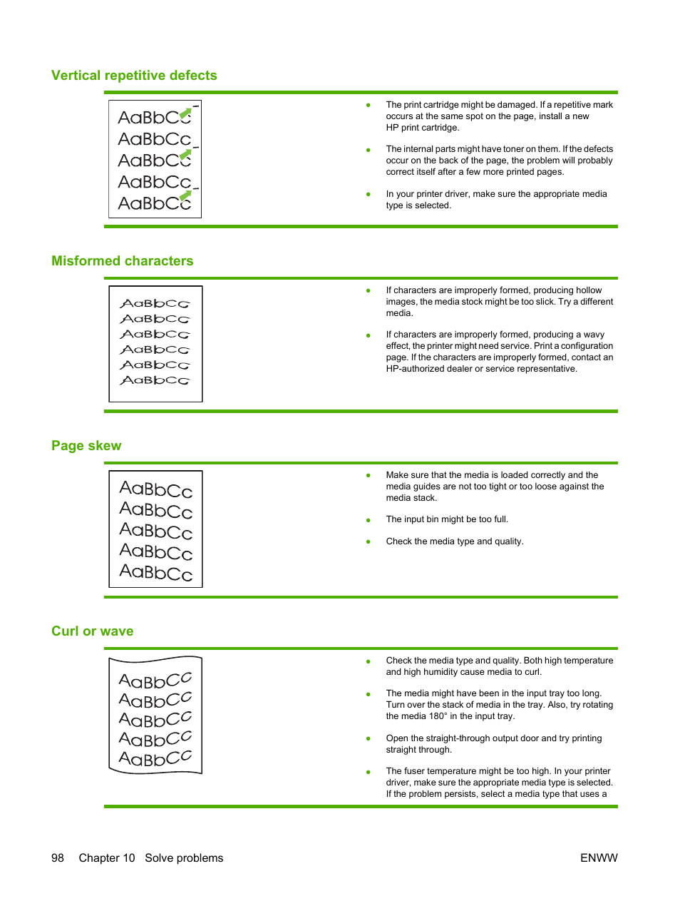 Vertical repetitive defects, Misformed characters, Curl or wave | Page skew | HP LaserJet P2035 User Manual | Page 108 / 148