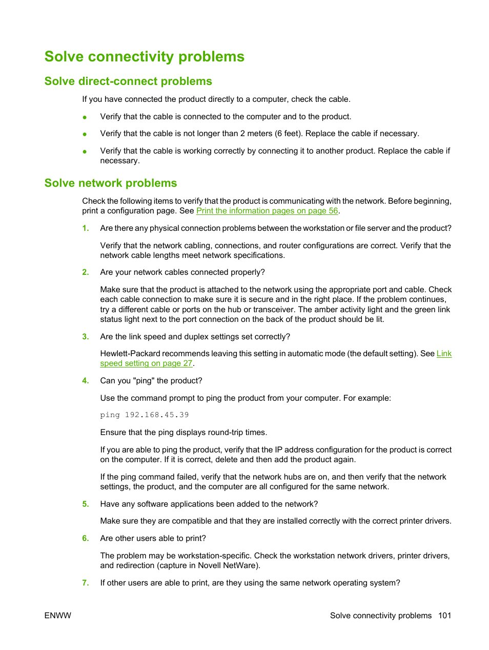 Solve connectivity problems, Solve direct-connect problems, Solve network problems | HP LaserJet P2035 User Manual | Page 111 / 148