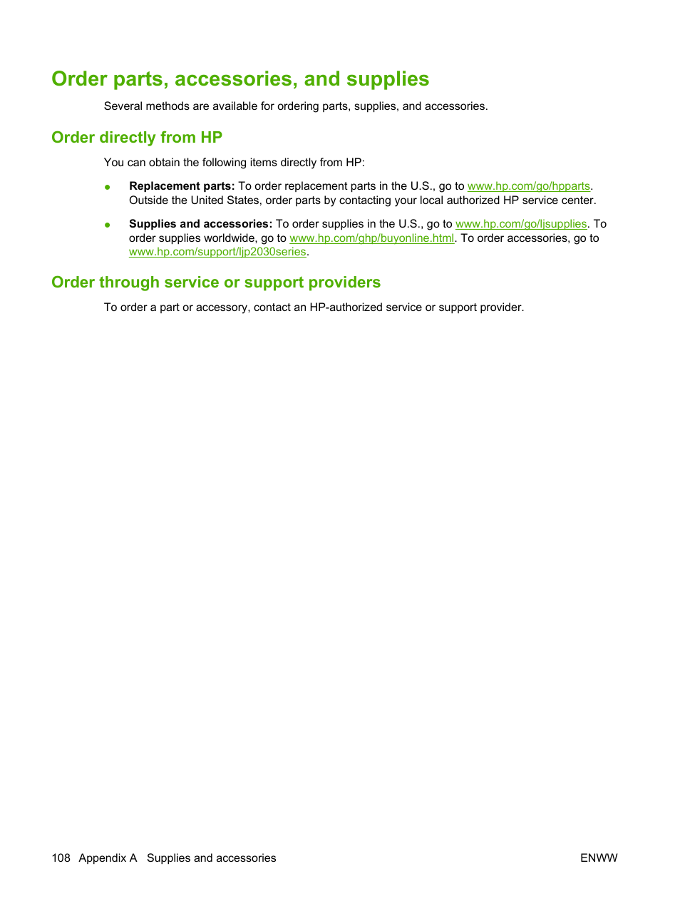 Order parts, accessories, and supplies, Order directly from hp, Order through service or support providers | HP LaserJet P2035 User Manual | Page 118 / 148