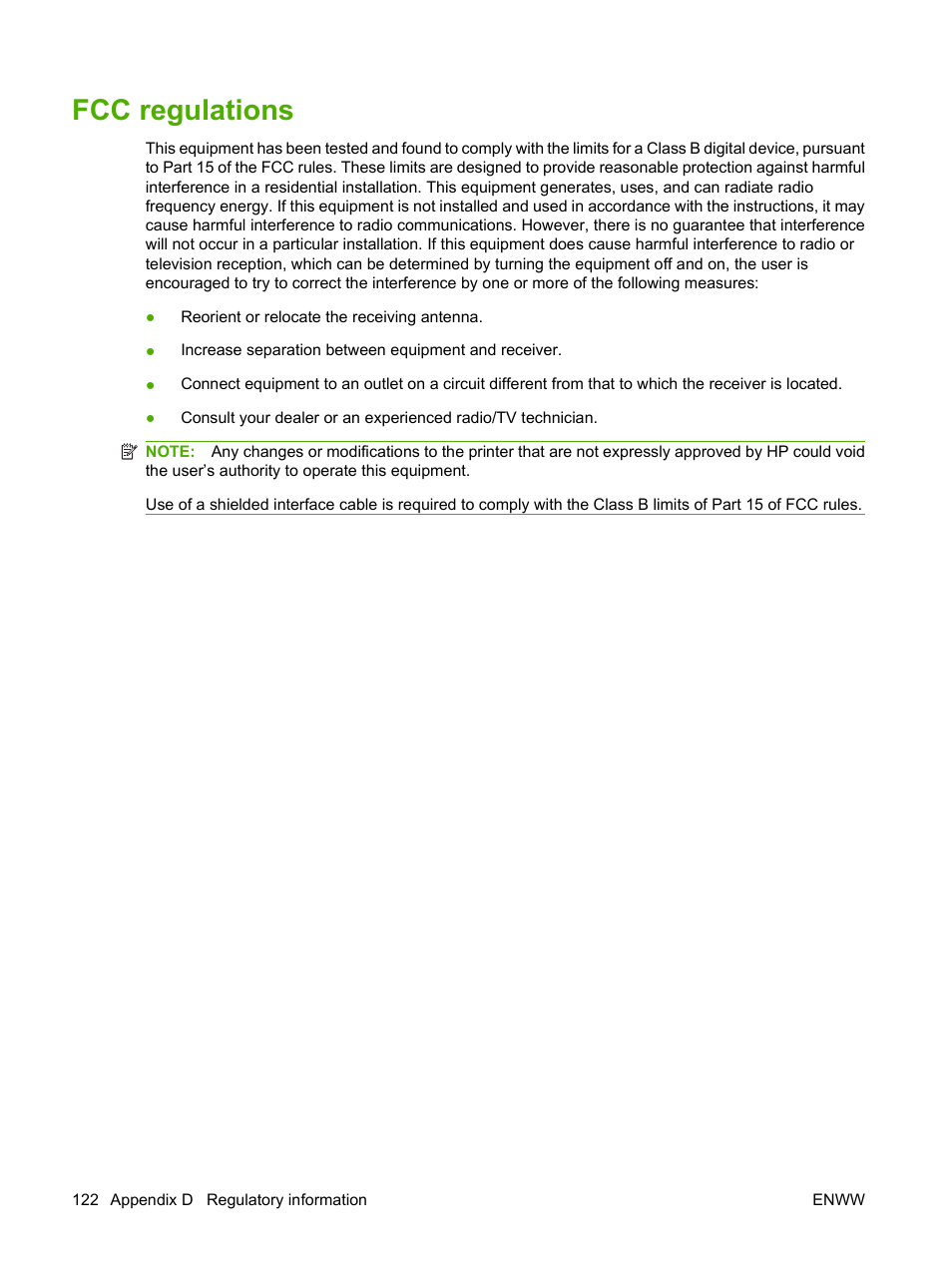 Fcc regulations | HP LaserJet P2035 User Manual | Page 132 / 148