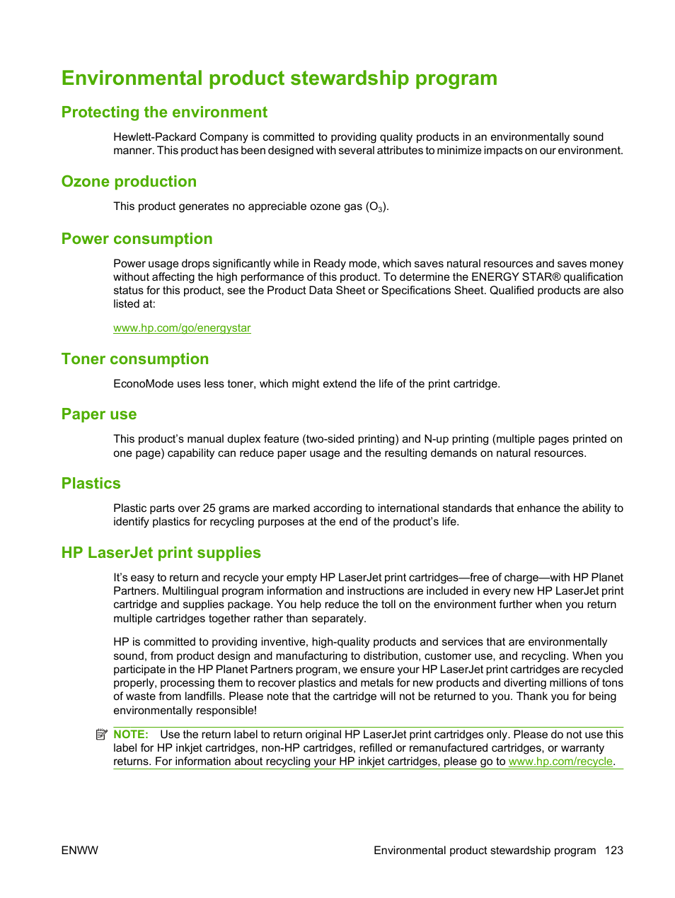 Environmental product stewardship program, Protecting the environment, Ozone production | Power consumption, Toner consumption, Paper use, Plastics, Hp laserjet print supplies | HP LaserJet P2035 User Manual | Page 133 / 148