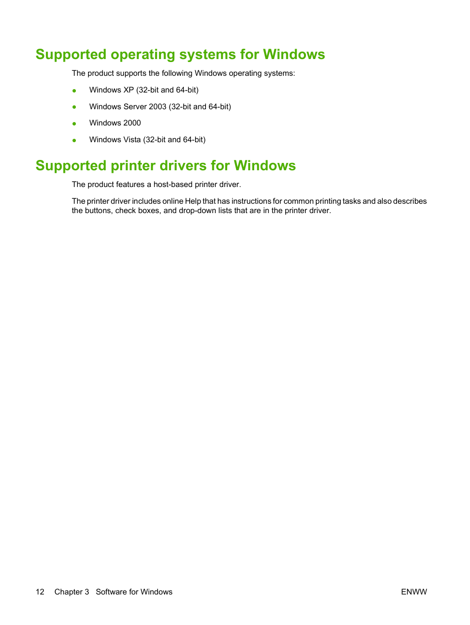 Supported operating systems for windows, Supported printer drivers for windows | HP LaserJet P2035 User Manual | Page 22 / 148