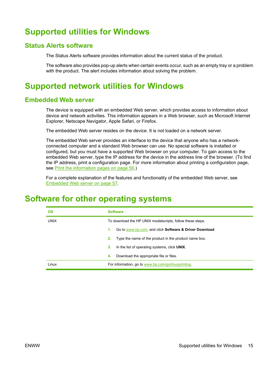 Supported utilities for windows, Status alerts software, Supported network utilities for windows | Embedded web server, Software for other operating systems | HP LaserJet P2035 User Manual | Page 25 / 148