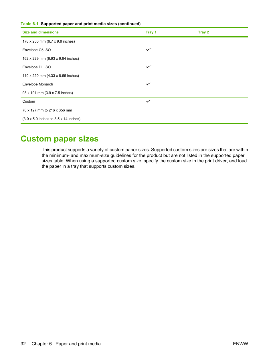 Custom paper sizes | HP LaserJet P2035 User Manual | Page 42 / 148