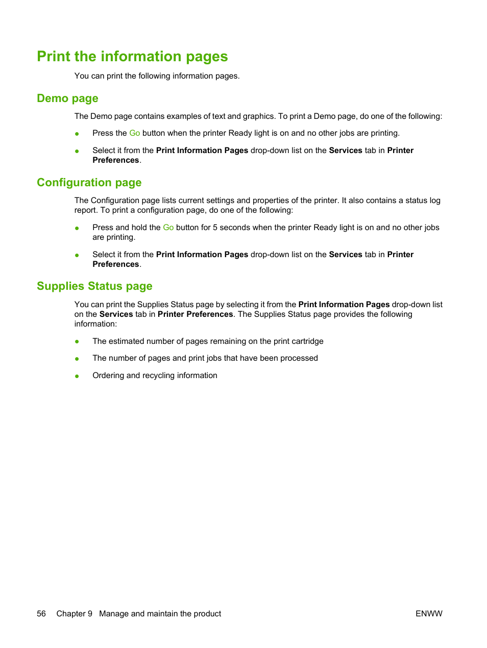 Print the information pages, Demo page, Configuration page | Supplies status page | HP LaserJet P2035 User Manual | Page 66 / 148