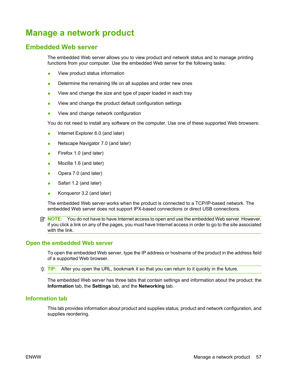 Manage a network product, Embedded web server, Open the embedded web server | Information tab, Open the embedded web server information tab | HP LaserJet P2035 User Manual | Page 67 / 148