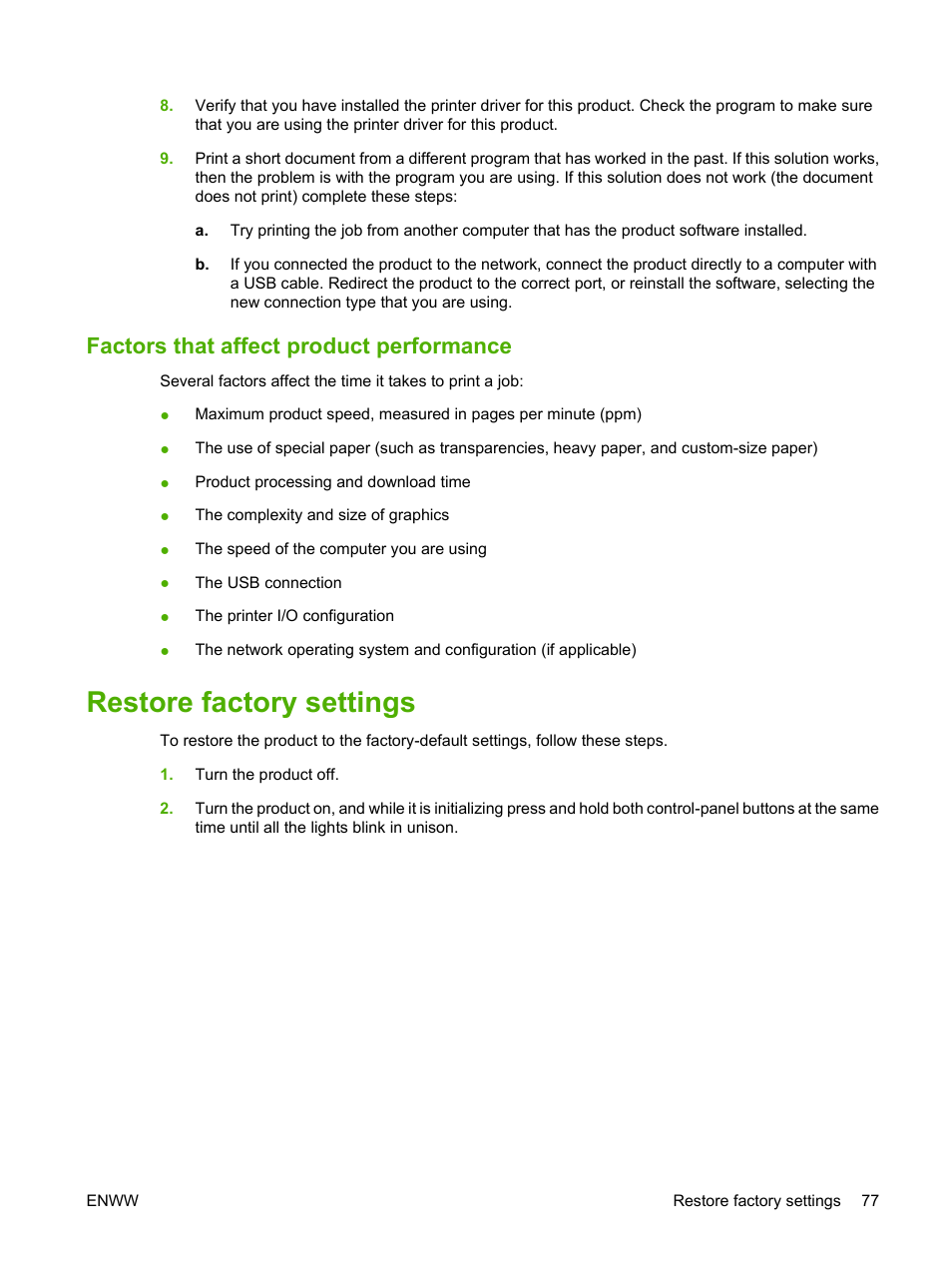 Factors that affect product performance, Restore factory settings | HP LaserJet P2035 User Manual | Page 87 / 148