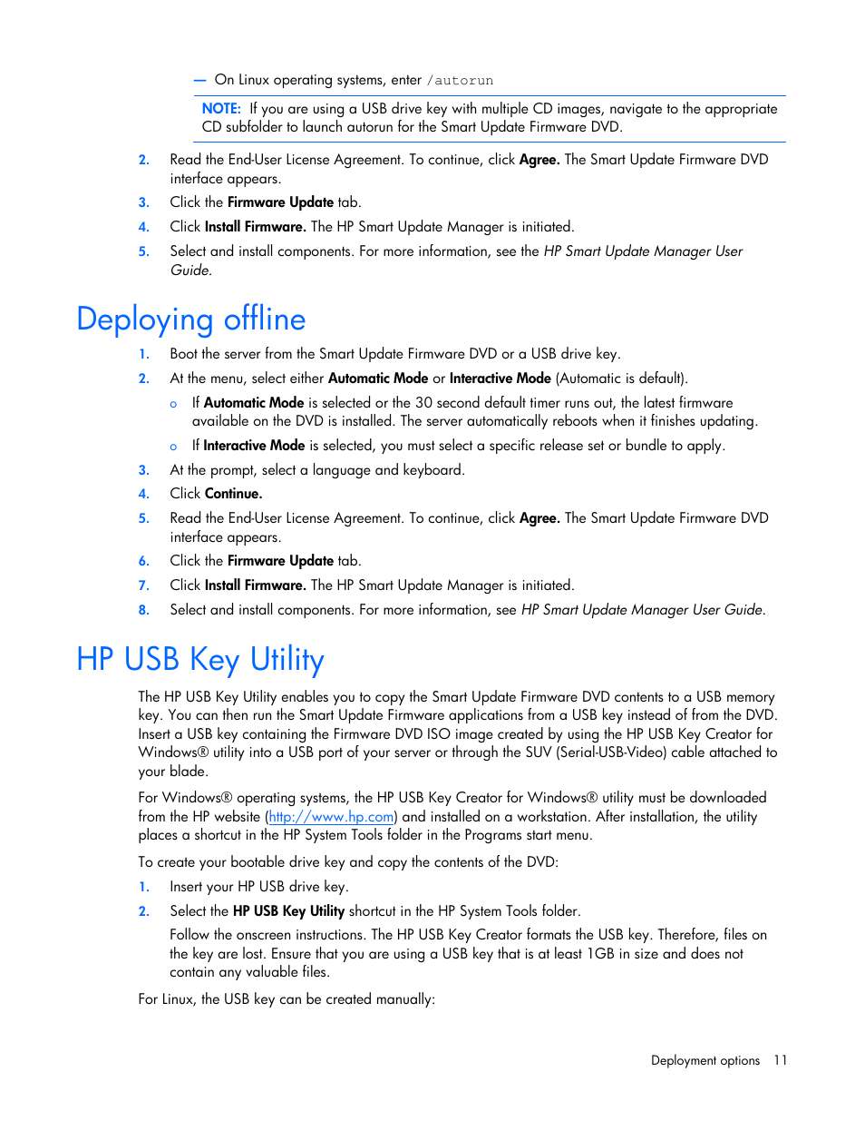 Deploying offline, Hp usb key utility, Deploying offline hp usb key utility | HP SmartStart-Software User Manual | Page 11 / 51