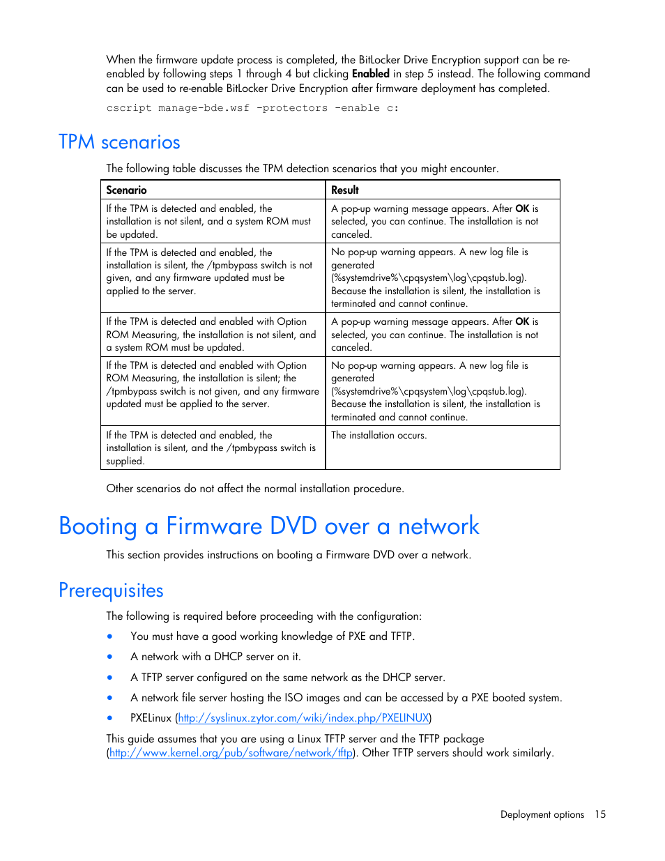 Tpm scenarios, Booting a firmware dvd over a network, Prerequisites | HP SmartStart-Software User Manual | Page 15 / 51
