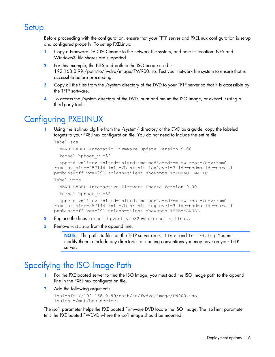 Setup, Configuring pxelinux, Specifying the iso image path | HP SmartStart-Software User Manual | Page 16 / 51