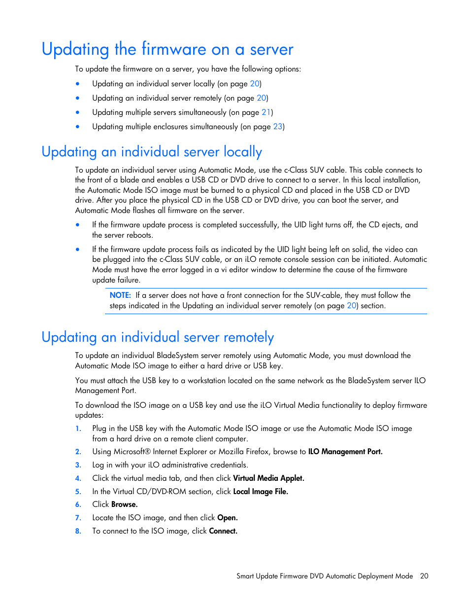 Updating the firmware on a server, Updating an individual server locally, Updating an individual server remotely | HP SmartStart-Software User Manual | Page 20 / 51