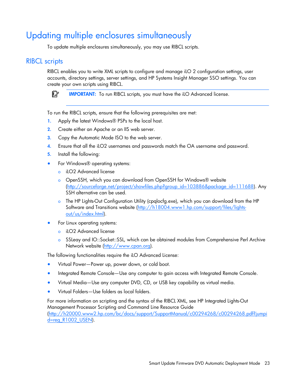 Updating multiple enclosures simultaneously, Ribcl scripts | HP SmartStart-Software User Manual | Page 23 / 51