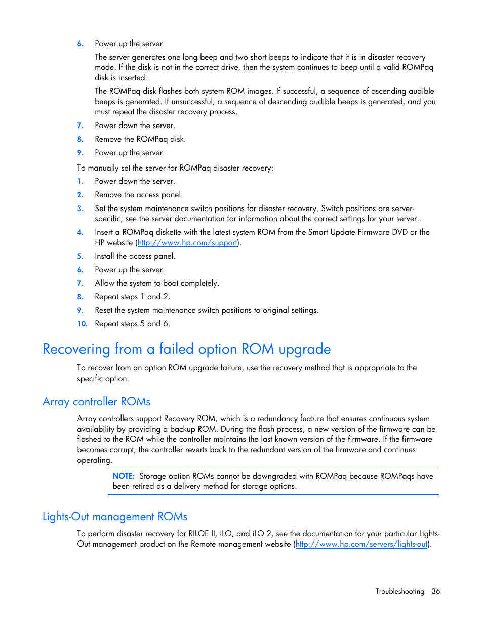 Recovering from a failed option rom upgrade, Array controller roms, Lights-out management roms | HP SmartStart-Software User Manual | Page 36 / 51