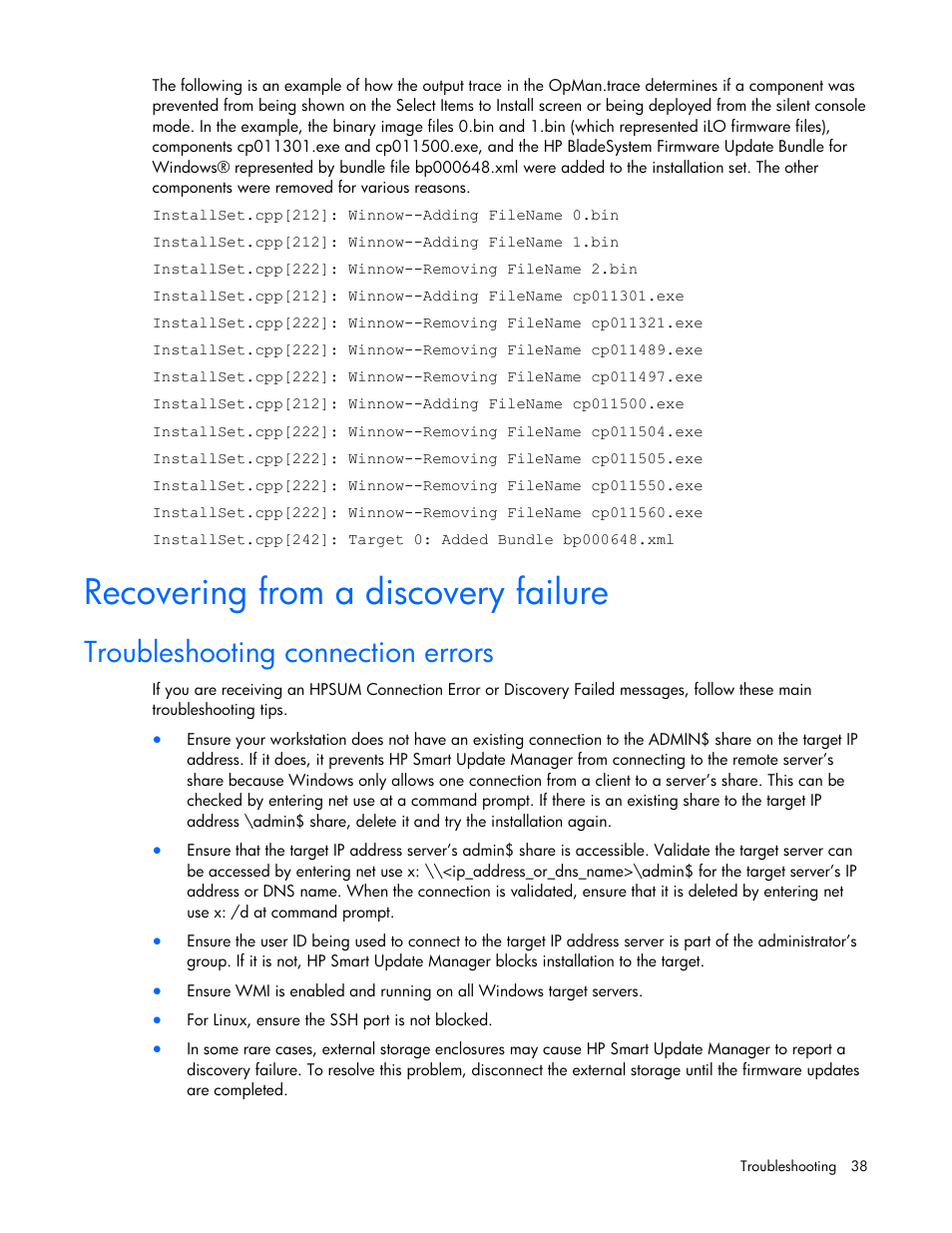 Recovering from a discovery failure, Troubleshooting connection errors | HP SmartStart-Software User Manual | Page 38 / 51