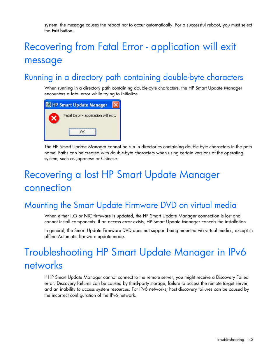 Troubleshooting hp, Smart update manager in ipv6 networks, Troubleshooting hp smart | Update manager in ipv6 networks | HP SmartStart-Software User Manual | Page 43 / 51