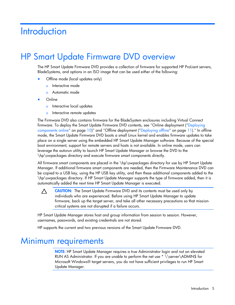 Introduction, Hp smart update firmware dvd overview, Minimum requirements | HP SmartStart-Software User Manual | Page 5 / 51