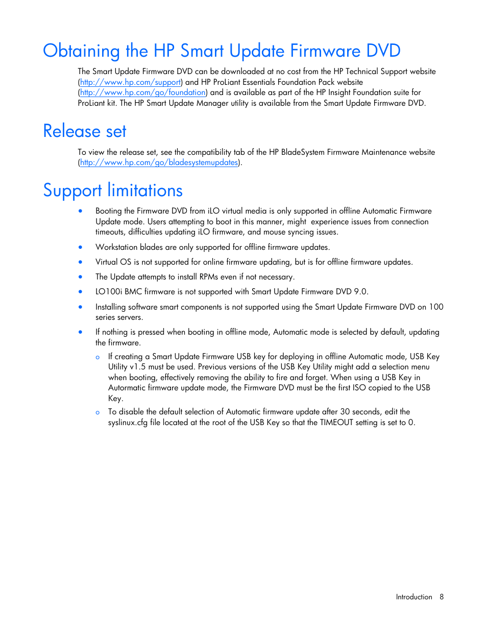 Obtaining the hp smart update firmware dvd, Release set, Support limitations | HP SmartStart-Software User Manual | Page 8 / 51