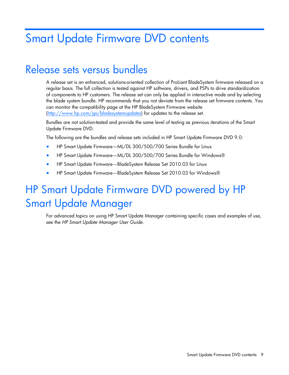 Smart update firmware dvd contents, Release sets versus bundles | HP SmartStart-Software User Manual | Page 9 / 51