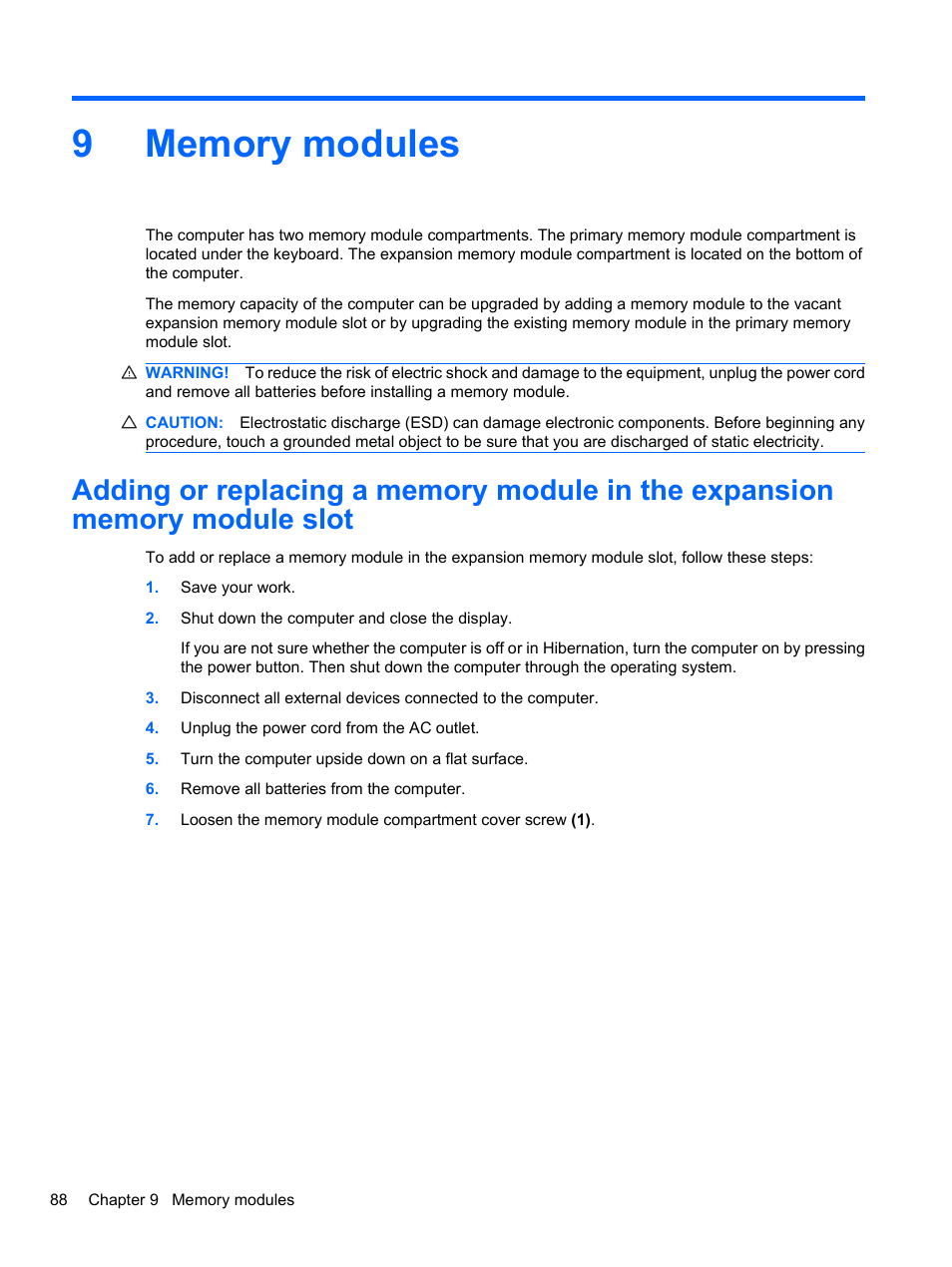 Memory modules, 9 memory modules | HP EliteBook 8740w Mobile Workstation User Manual | Page 100 / 148