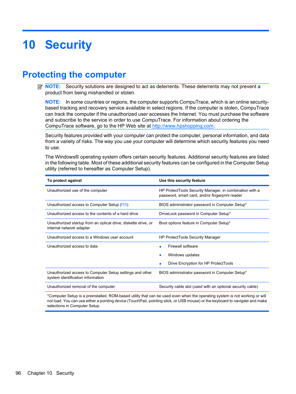 Security, Protecting the computer, 10 security | HP EliteBook 8740w Mobile Workstation User Manual | Page 108 / 148