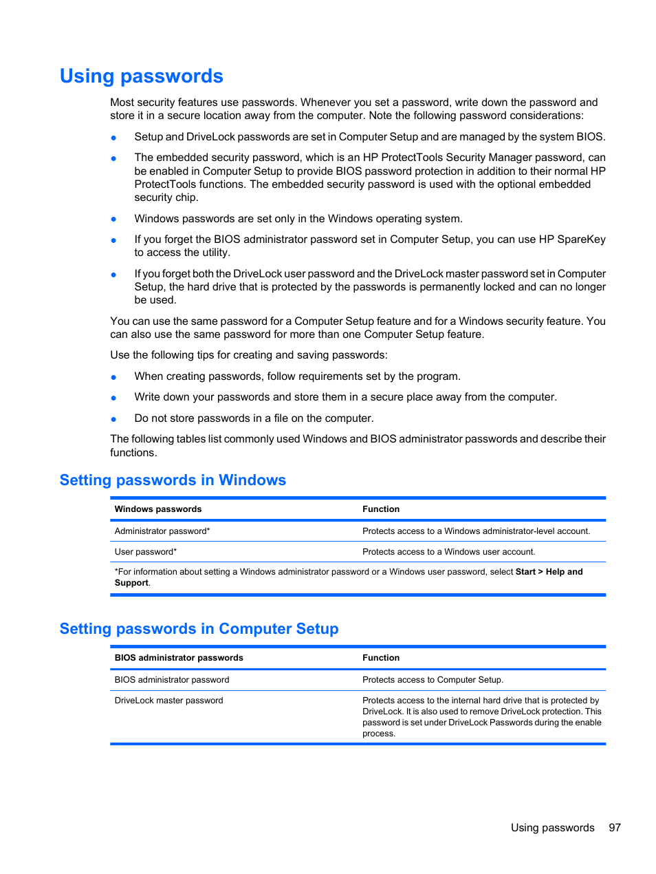 Using passwords, Setting passwords in windows, Setting passwords in computer setup | HP EliteBook 8740w Mobile Workstation User Manual | Page 109 / 148