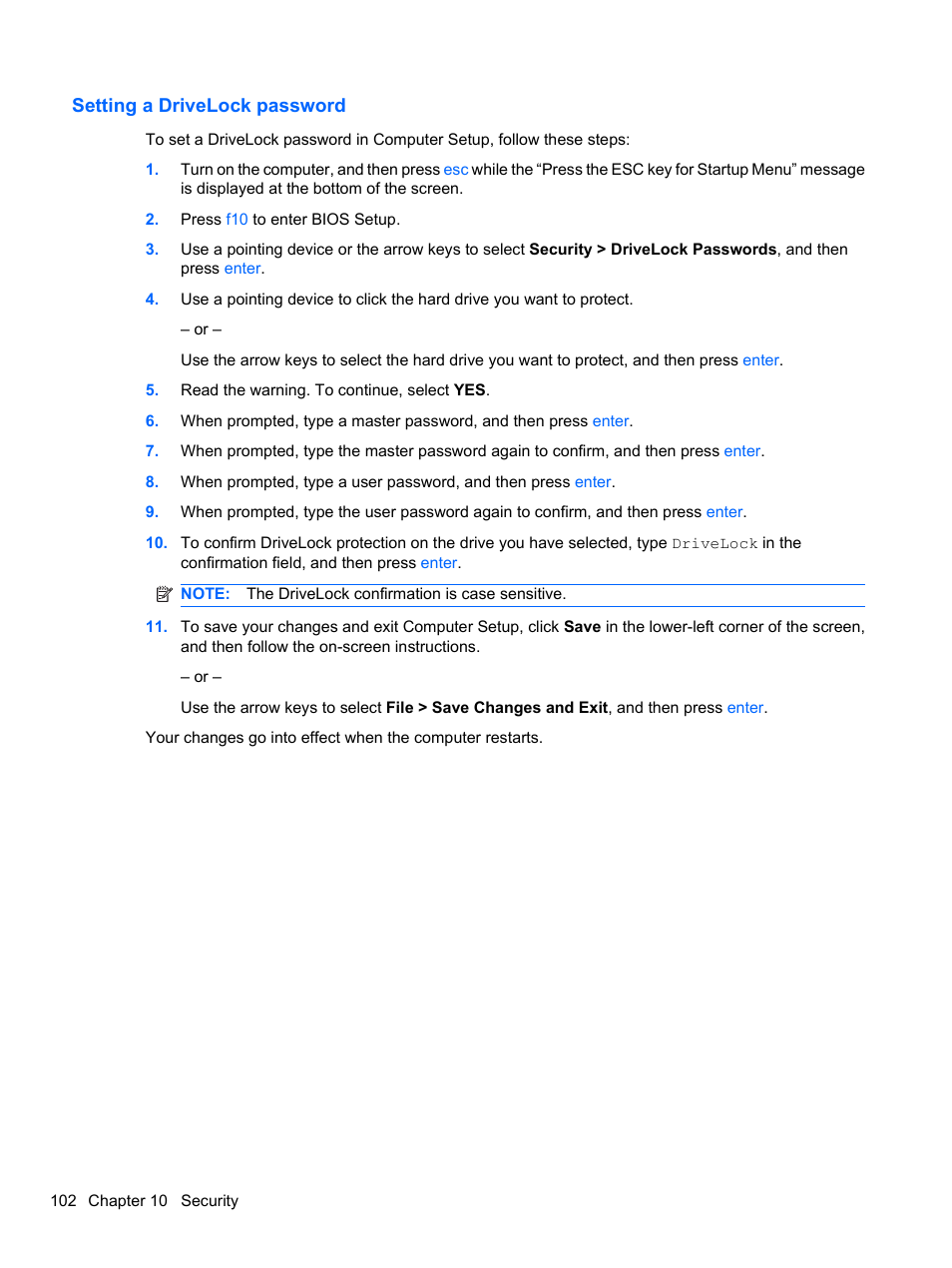 Setting a drivelock password | HP EliteBook 8740w Mobile Workstation User Manual | Page 114 / 148