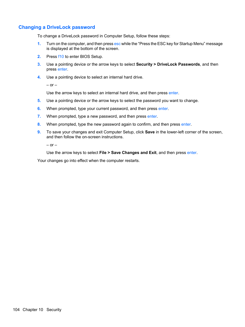 Changing a drivelock password | HP EliteBook 8740w Mobile Workstation User Manual | Page 116 / 148