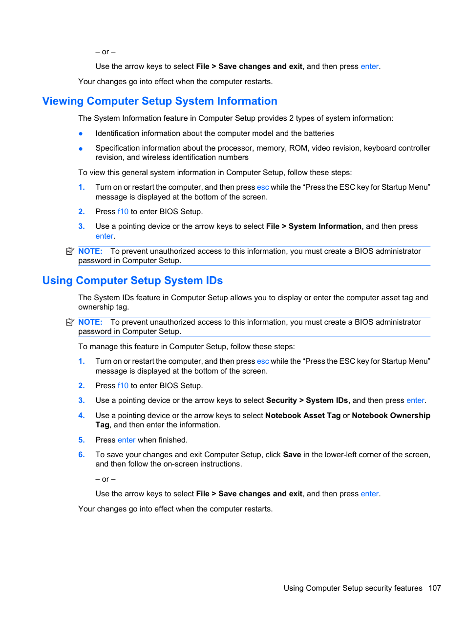 Viewing computer setup system information, Using computer setup system ids | HP EliteBook 8740w Mobile Workstation User Manual | Page 119 / 148