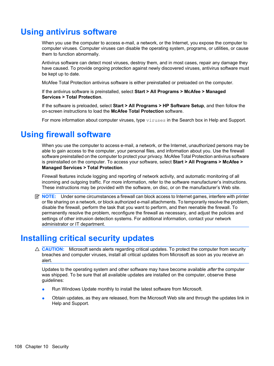 Using antivirus software, Using firewall software, Installing critical security updates | HP EliteBook 8740w Mobile Workstation User Manual | Page 120 / 148