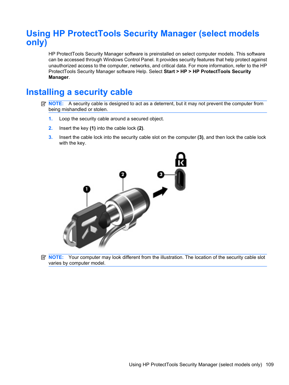 Installing a security cable | HP EliteBook 8740w Mobile Workstation User Manual | Page 121 / 148