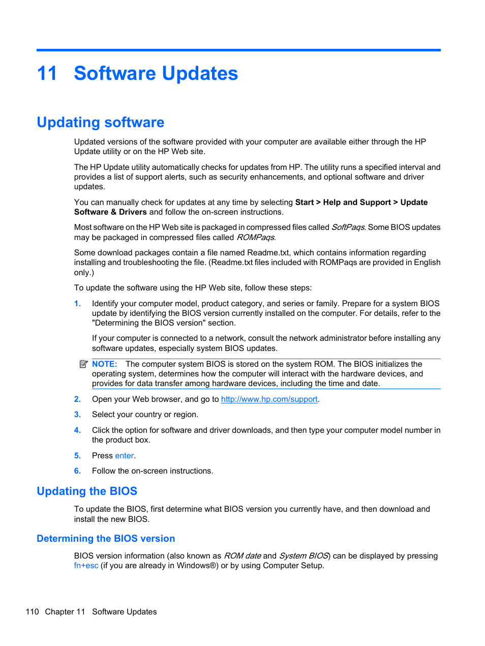 Software updates, Updating software, Updating the bios | Determining the bios version, 11 software updates | HP EliteBook 8740w Mobile Workstation User Manual | Page 122 / 148