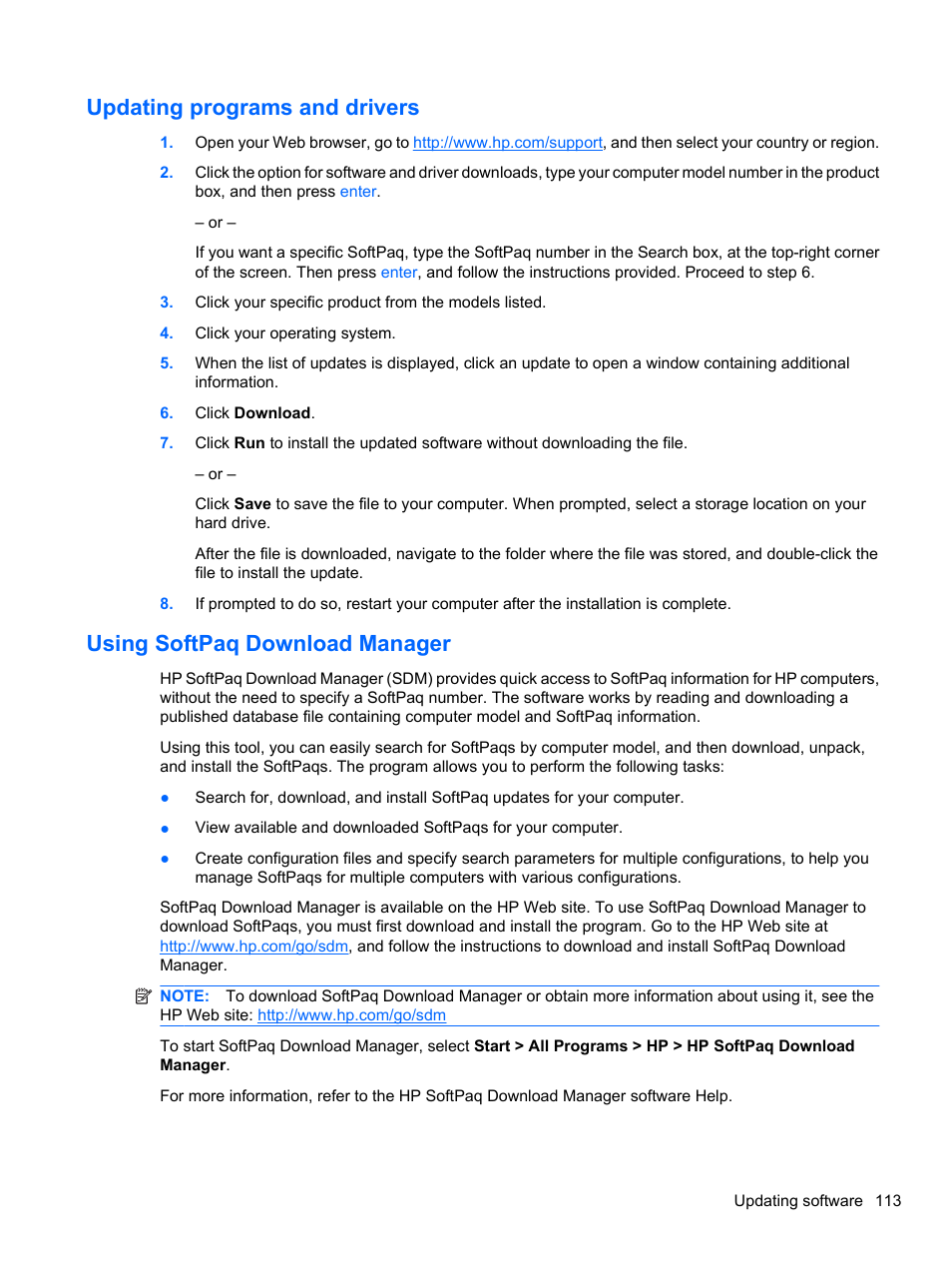 Updating programs and drivers, Using softpaq download manager | HP EliteBook 8740w Mobile Workstation User Manual | Page 125 / 148