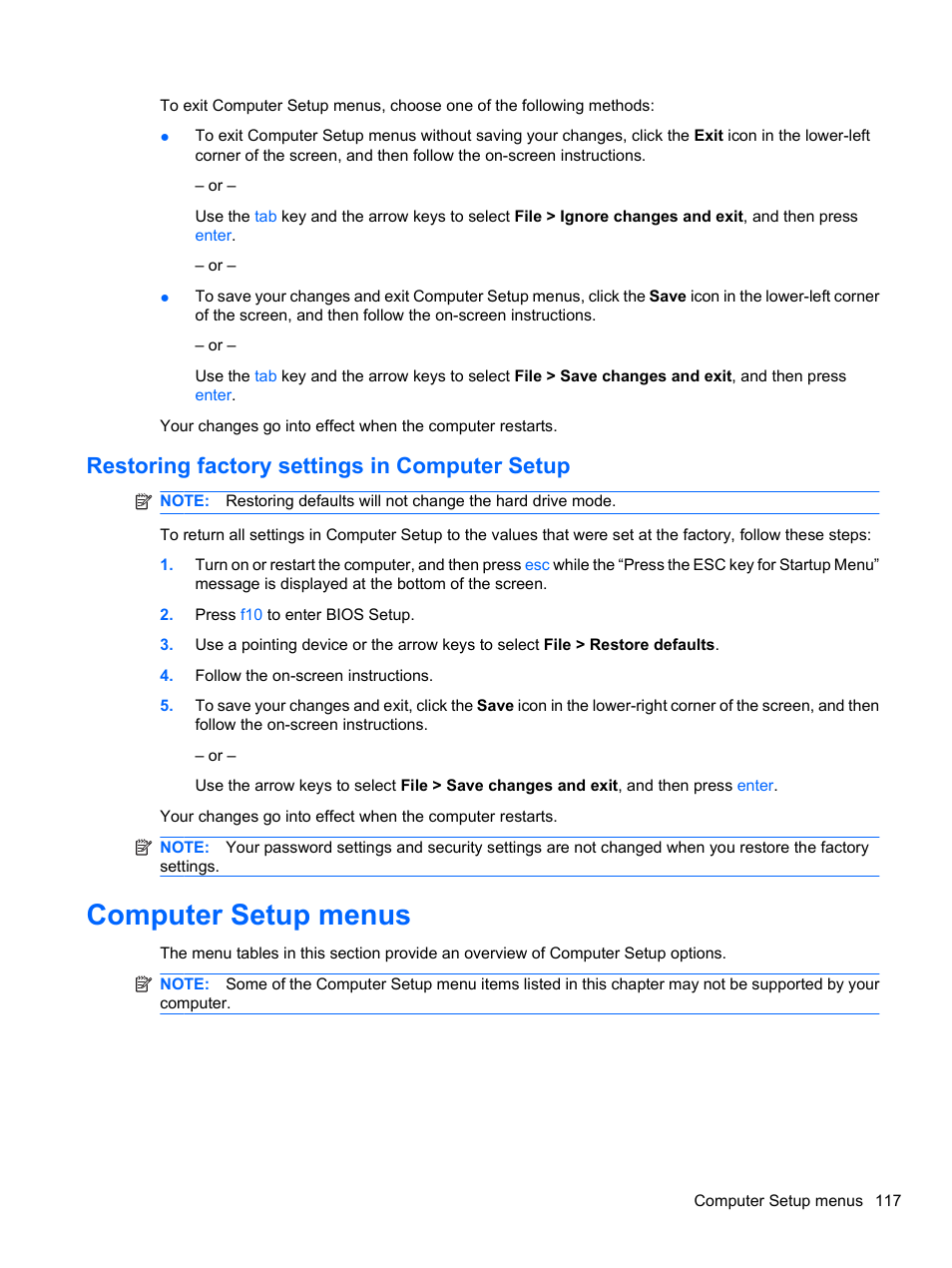 Restoring factory settings in computer setup, Computer setup menus | HP EliteBook 8740w Mobile Workstation User Manual | Page 129 / 148