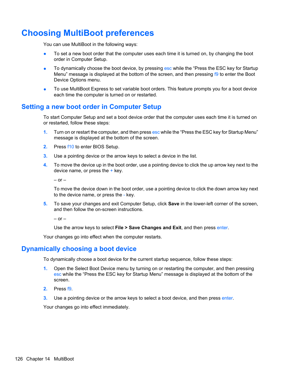 Choosing multiboot preferences, Setting a new boot order in computer setup, Dynamically choosing a boot device | HP EliteBook 8740w Mobile Workstation User Manual | Page 138 / 148