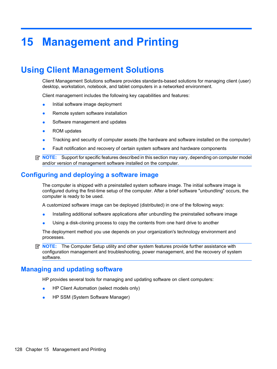 Management and printing, Using client management solutions, Configuring and deploying a software image | Managing and updating software, 15 management and printing | HP EliteBook 8740w Mobile Workstation User Manual | Page 140 / 148