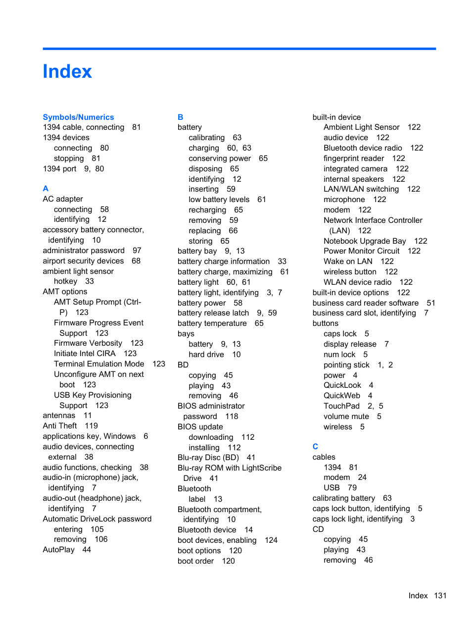 Index | HP EliteBook 8740w Mobile Workstation User Manual | Page 143 / 148