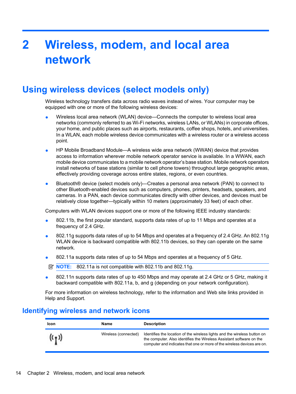 Wireless, modem, and local area network, Using wireless devices (select models only), Identifying wireless and network icons | 2 wireless, modem, and local area network, 2wireless, modem, and local area network | HP EliteBook 8740w Mobile Workstation User Manual | Page 26 / 148