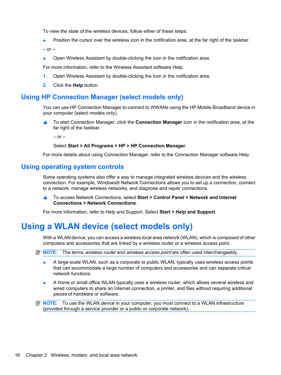 Using hp connection manager (select models only), Using operating system controls, Using a wlan device (select models only) | HP EliteBook 8740w Mobile Workstation User Manual | Page 28 / 148