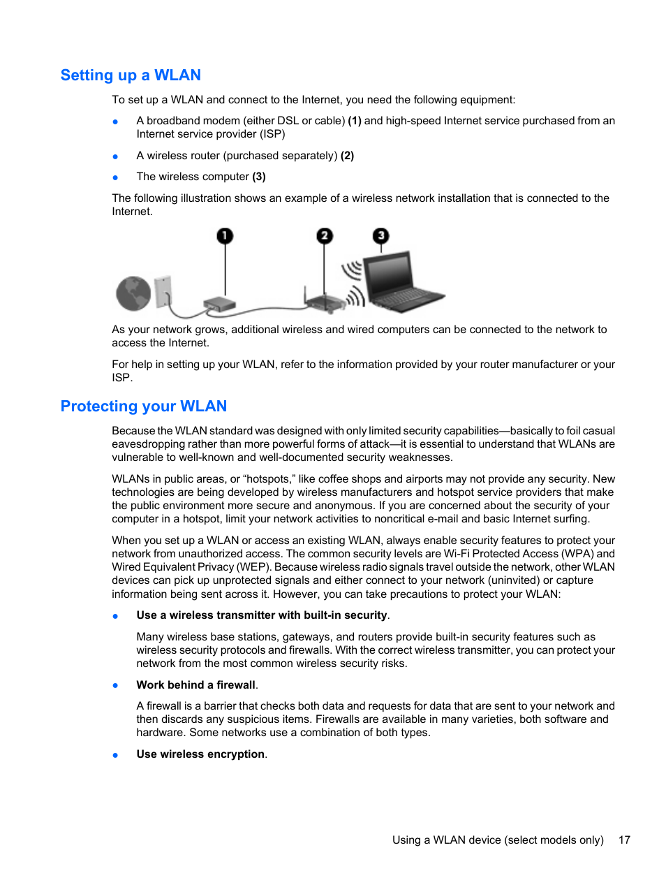 Setting up a wlan, Protecting your wlan, Setting up a wlan protecting your wlan | HP EliteBook 8740w Mobile Workstation User Manual | Page 29 / 148