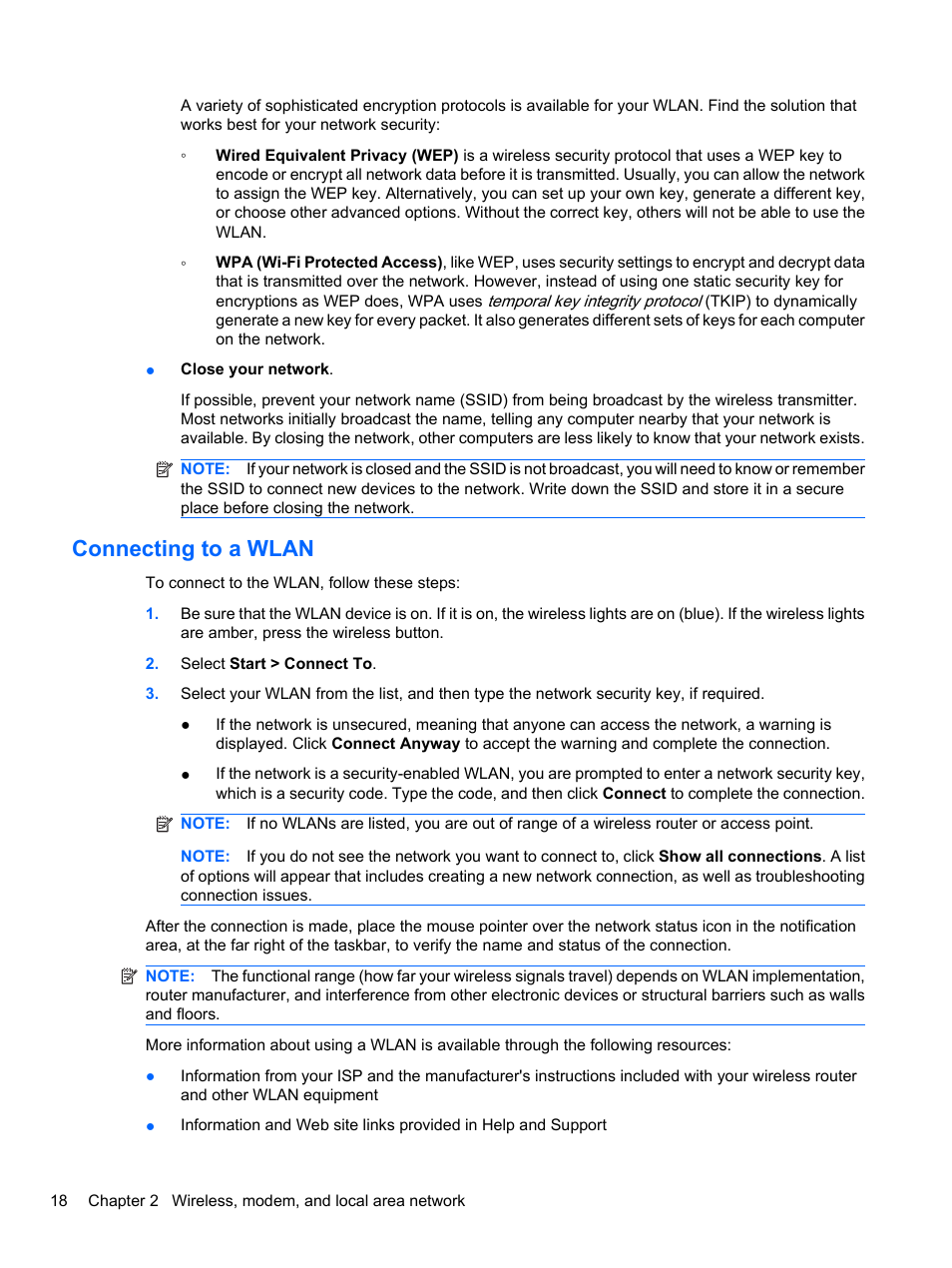 Connecting to a wlan | HP EliteBook 8740w Mobile Workstation User Manual | Page 30 / 148