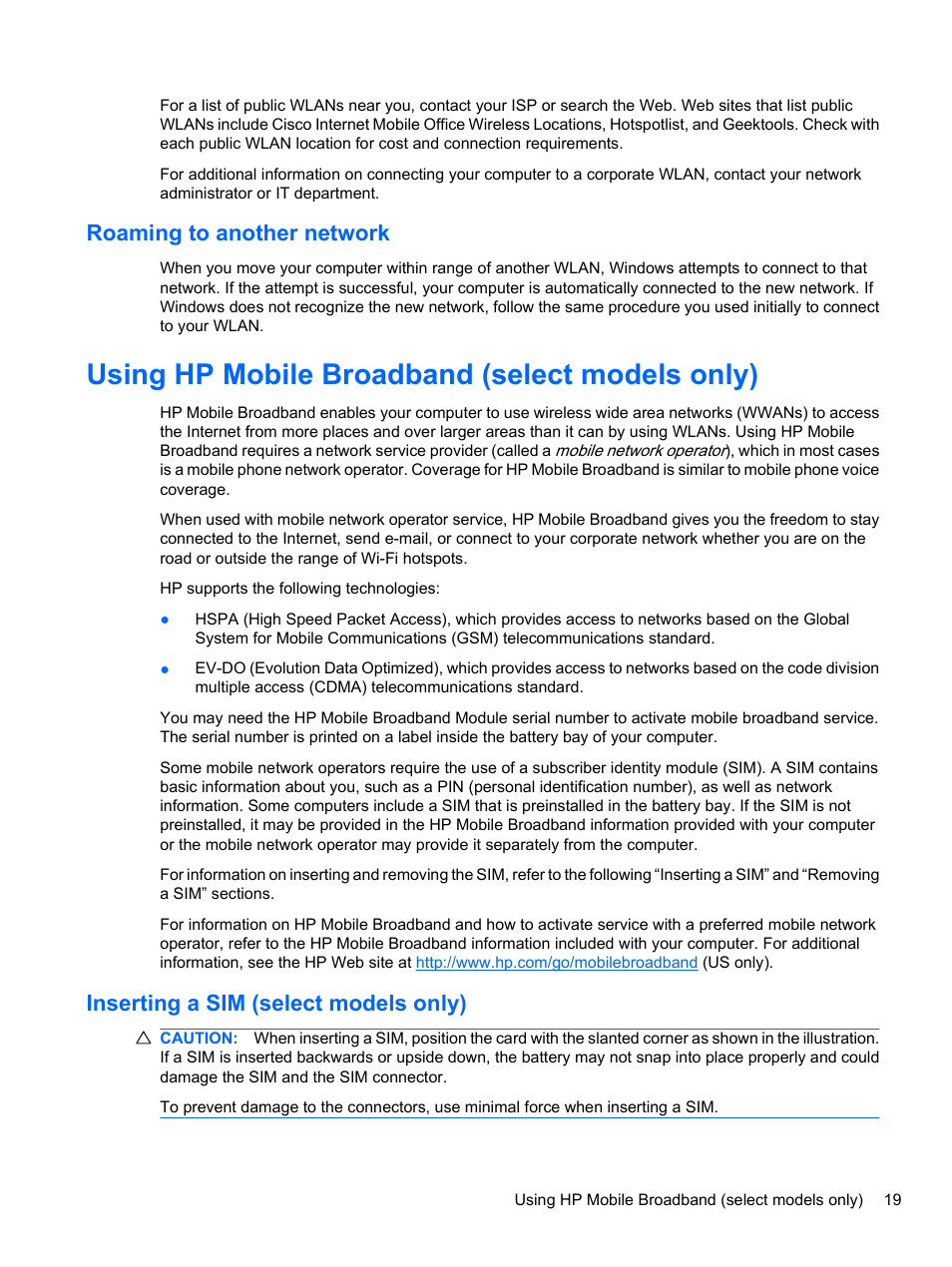 Roaming to another network, Using hp mobile broadband (select models only), Inserting a sim (select models only) | HP EliteBook 8740w Mobile Workstation User Manual | Page 31 / 148