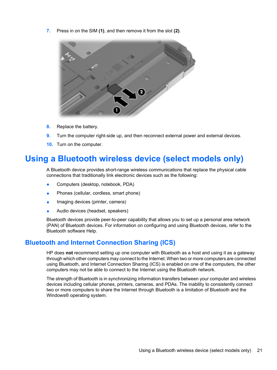 Bluetooth and internet connection sharing (ics) | HP EliteBook 8740w Mobile Workstation User Manual | Page 33 / 148