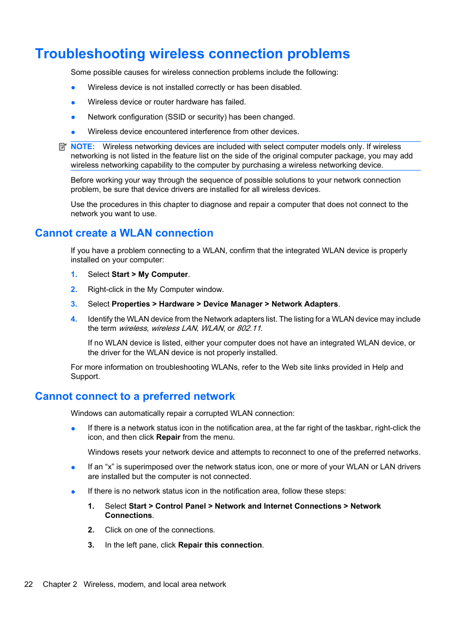 Troubleshooting wireless connection problems, Cannot create a wlan connection, Cannot connect to a preferred network | HP EliteBook 8740w Mobile Workstation User Manual | Page 34 / 148