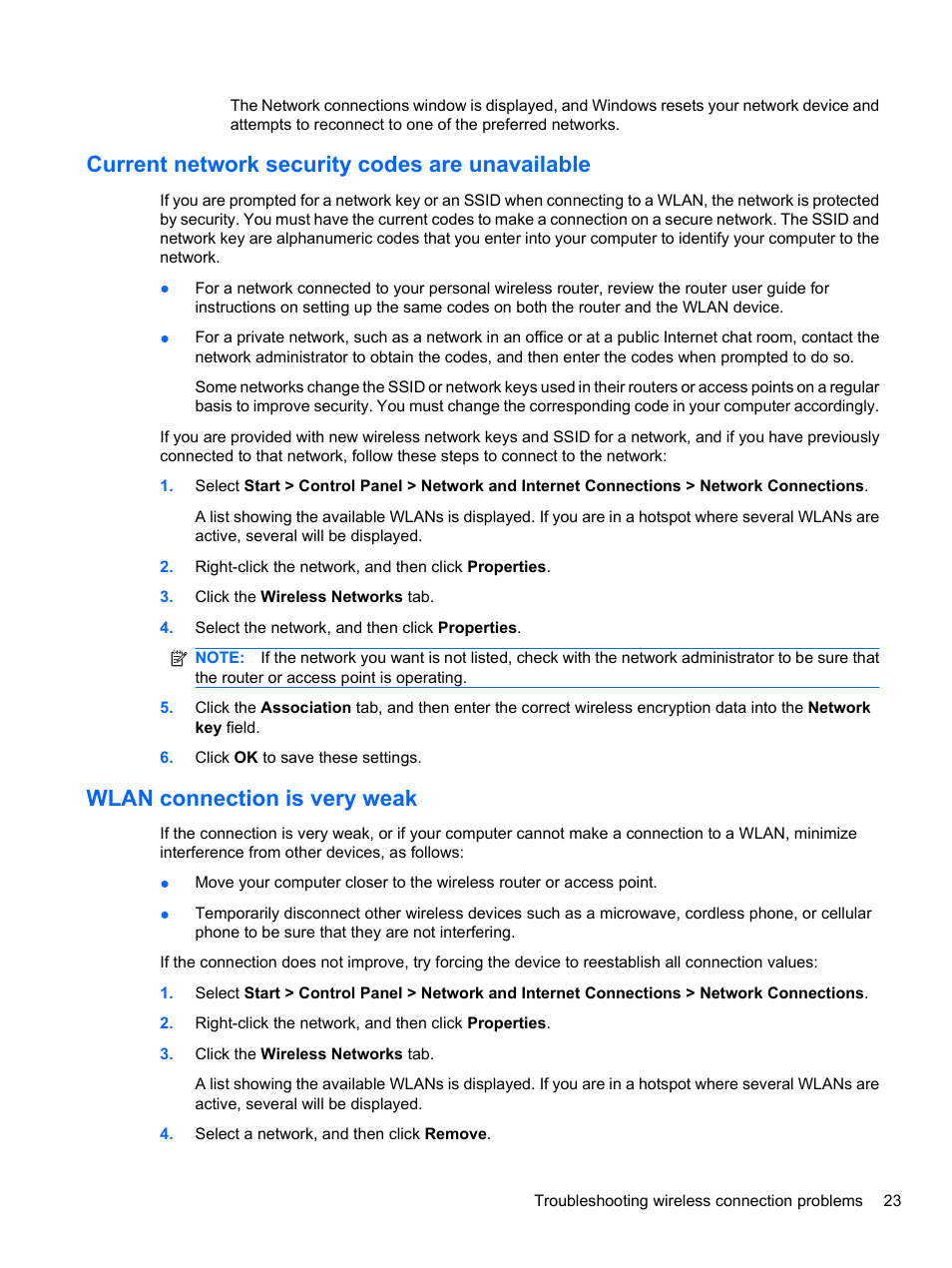 Current network security codes are unavailable, Wlan connection is very weak | HP EliteBook 8740w Mobile Workstation User Manual | Page 35 / 148
