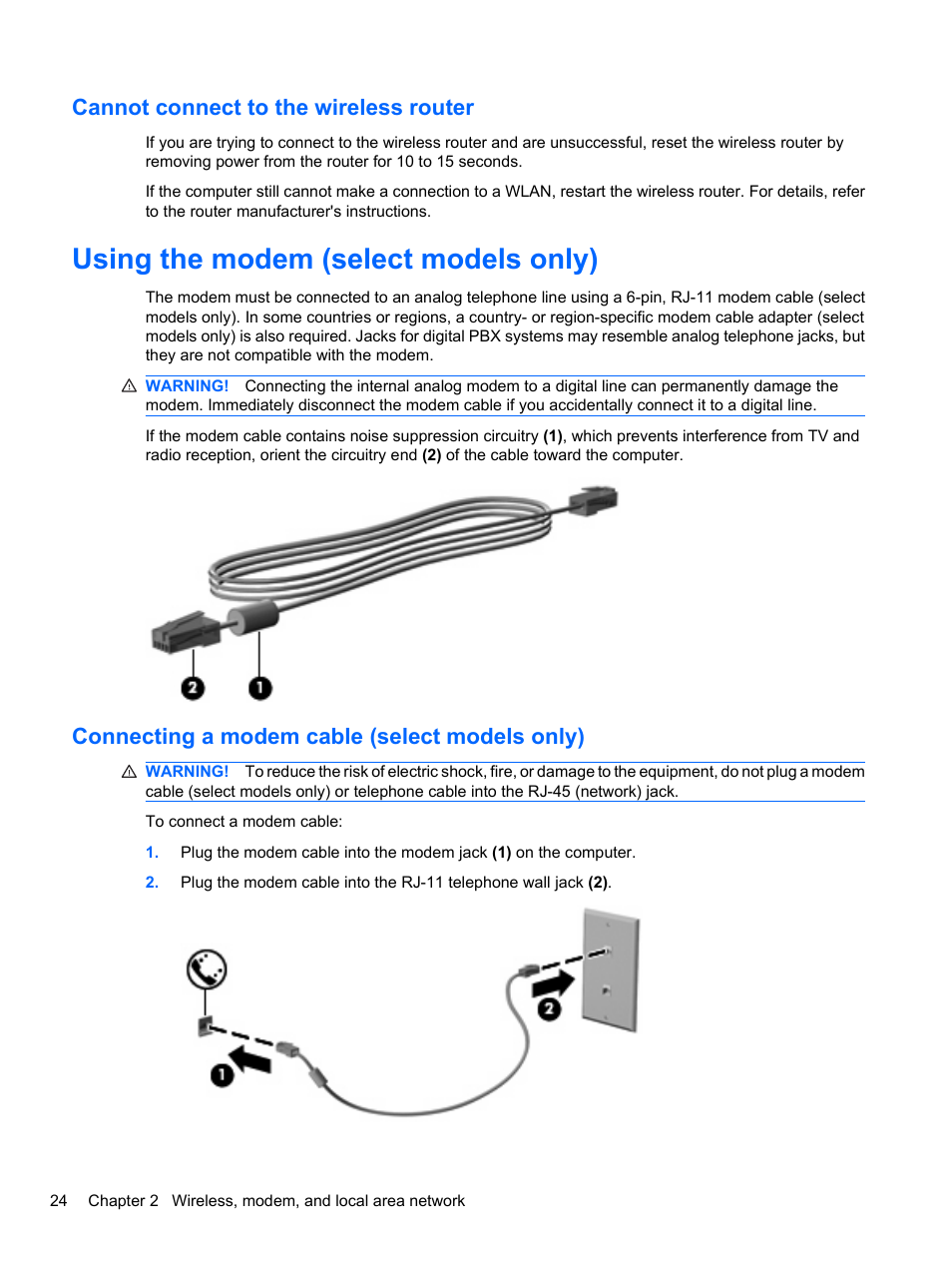 Cannot connect to the wireless router, Using the modem (select models only), Connecting a modem cable (select models only) | HP EliteBook 8740w Mobile Workstation User Manual | Page 36 / 148