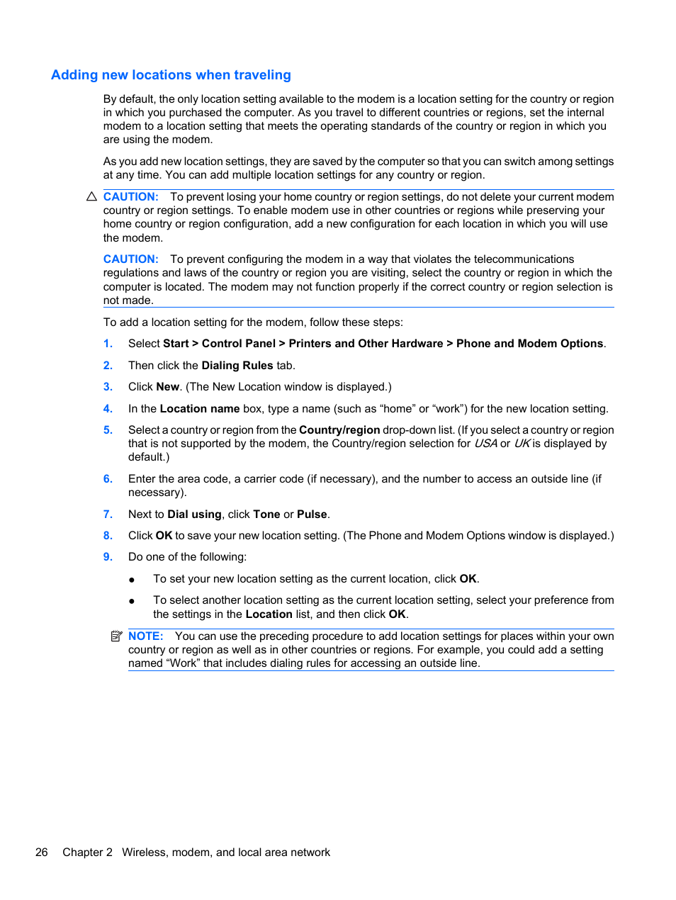 Adding new locations when traveling | HP EliteBook 8740w Mobile Workstation User Manual | Page 38 / 148