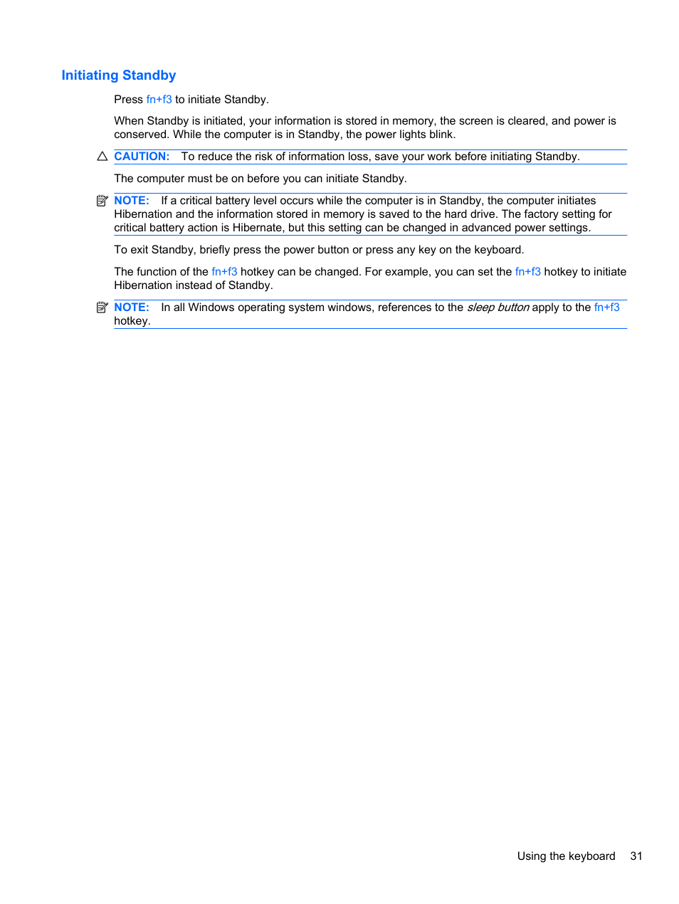 Initiating standby | HP EliteBook 8740w Mobile Workstation User Manual | Page 43 / 148