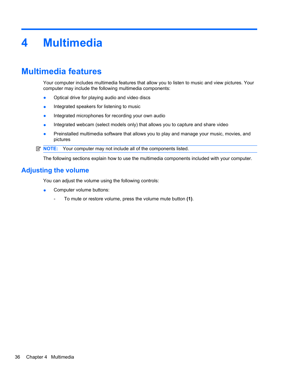 Multimedia, Multimedia features, Adjusting the volume | 4 multimedia, 4multimedia | HP EliteBook 8740w Mobile Workstation User Manual | Page 48 / 148