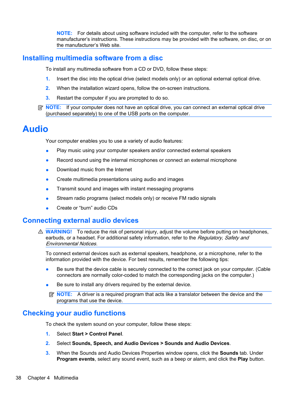 Installing multimedia software from a disc, Audio, Connecting external audio devices | Checking your audio functions | HP EliteBook 8740w Mobile Workstation User Manual | Page 50 / 148